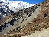 16 Looking Ahead To The Steep and Unstable Scree Slope On The Lower Trail From Tilicho Peak Hotel To Tilicho Base Camp Hotel With La Grande Barriere Above